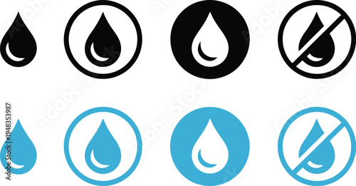 Water Prohibition Icon, Black And Blue Droplet Symbols In Circle, No Water / Waterproof Surface Warning, Safety And Instructional Signage Vector, Clean Minimal Design For Industrial, Consumer, And Env