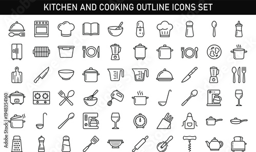 Kitchen and Cooking Outline Icons Set with Kitchen Utensils Appliances Food Preparation Tools Vector Collection