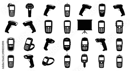 Collection of various handheld electronic devices and scanners on white background for business and technology concepts