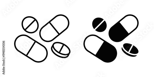 Pill capsule icon designed in black stroke and fill styles, isolated on a white background. Ideal for medicine, pharmacy, and healthcare concepts.