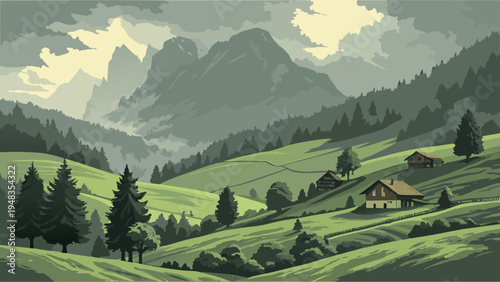 Serene Alpine Valley with Traditional Chalets and Majestic Mountain Peaks Digital Illustration