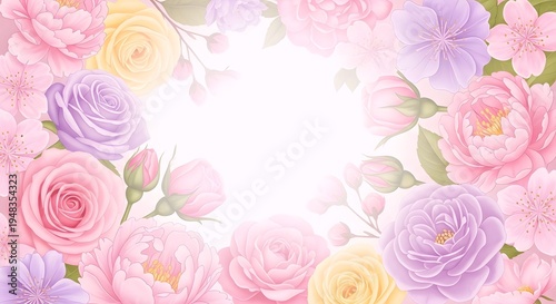 Elegant pastel floral border with roses and peonies surrounding a bright white center.