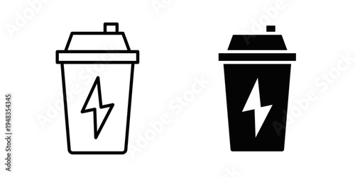 Protein shake icon designed in black stroke and fill styles, isolated on a white background. Ideal for fitness, nutrition, and workout supplement concepts.