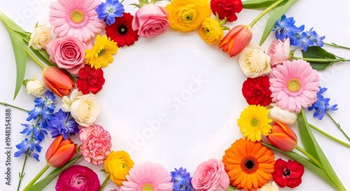 A vibrant circular floral arrangement with colorful flowers and macarons on a white background, creating a beautiful frame for text or design.