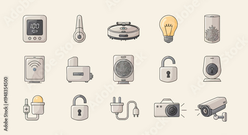Assortment of smart home devices, including security, lighting, and cleaning gadgets