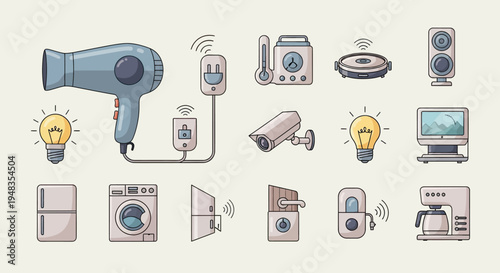 Collection of smart home devices, including appliances, security, and entertainment