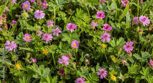 A vibrant field of small pink flowers with green foliage and hints of yellow blossoms, creating a beautiful natural ground cover.