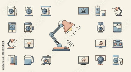 Flat icon set of various home appliances, gadgets and electronics