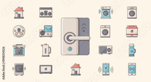 Collection of flat design icons representing smart home devices and appliances
