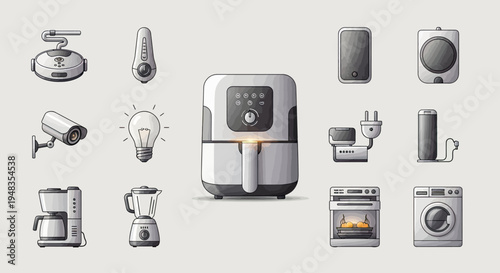 Assortment of kitchen appliances, gadgets, and security devices