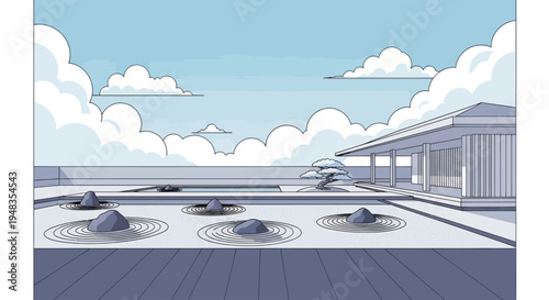 Serene zen garden with minimalist architecture, pond, and stylized clouds