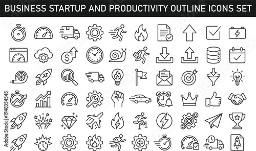 Startup Business Line Icons Set – Growth, Target, Rocket, Strategy and Productivity Outline Vector