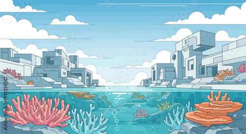Above and below Modern city meets vibrant coral reef