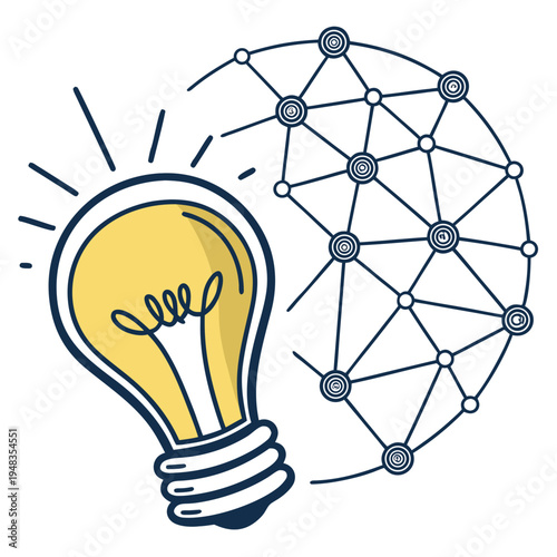 Idea generation and innovation: lightbulb connected to digital network with light bulb with start up with flat design