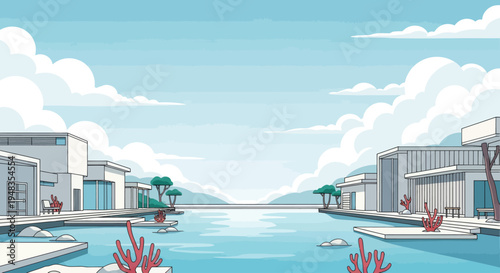 Modern architecture with pools, stylized coral, and trees under a cloudy sky