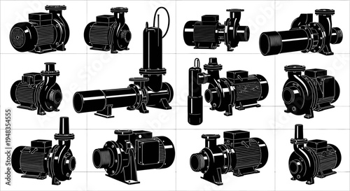 Collection of various industrial water pumps and motors in black silhouette on white background for engineering and manufacturing concepts