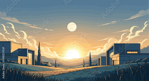 Sun setting over hills, casting shadows on modern homes and grassy fields