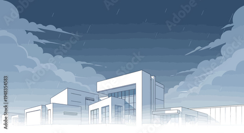 A modern building with large windows under a cloudy, rainy sky