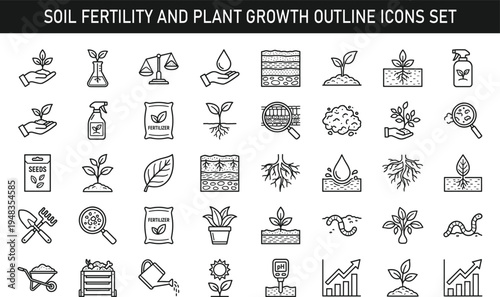 Soil Fertility and Plant Growth Outline Icons Set with Roots Seeds Compost Fertilizer Agriculture Line Vector Collection
