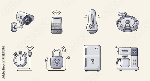 A collection of icons depicting smart home devices like a security camera, speaker, and coffee maker