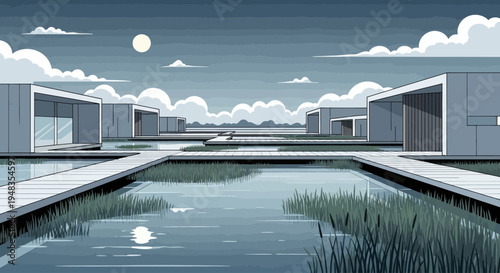 Modern geometric buildings surround tranquil water channels and grassy banks at dusk