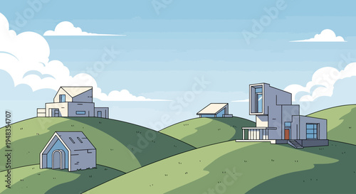 Minimalist homes dot rolling green hills under a bright blue sky with puffy clouds