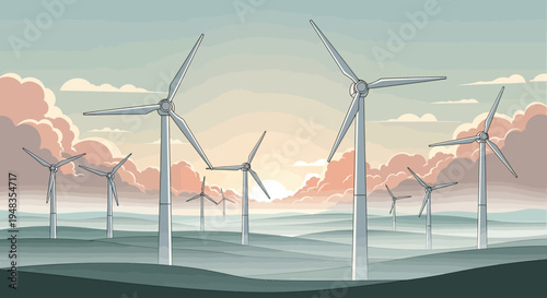 Gentle hills cradle a wind farm at sunrise with soft clouds overhead