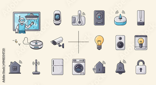 Collection of flat icons illustrating smart home devices and automation