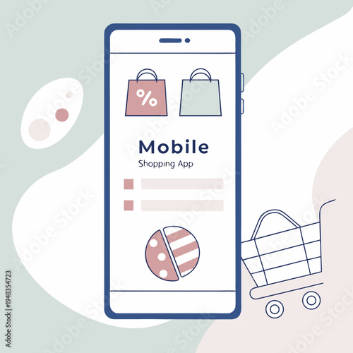 Mobile shopping app interface on smartphone with shopping bags and cart, vector illustration for e-commerce, graphic represents e-commerce, online retail, and mobile convenience