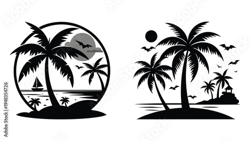 Tropical island scenery with palm trees and birds in flight silhouettes on white background