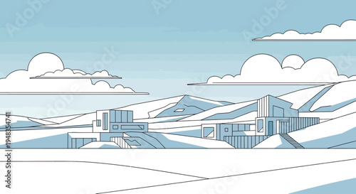 Minimalist modern architecture in a stark, stylized landscape under a cloudy sky