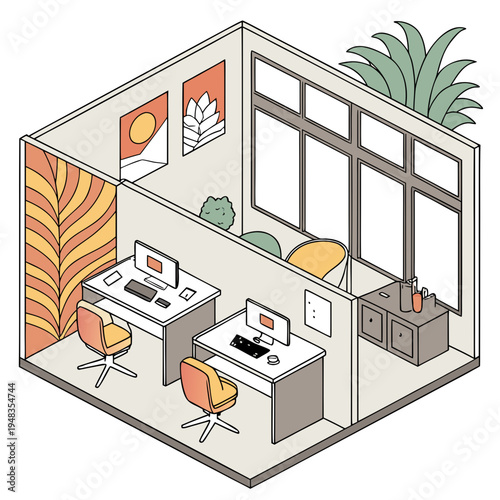 Isometric view of a modern office cubicle setup with desks, chairs, and plants for focused work