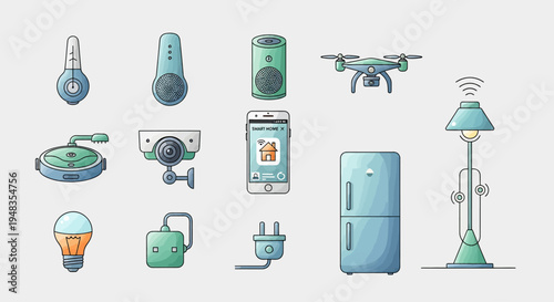 Collection of smart home devices, including a drone, camera, and smartphone interface