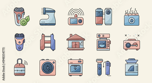 A collection of stylized icons depicting various electronic devices and household items