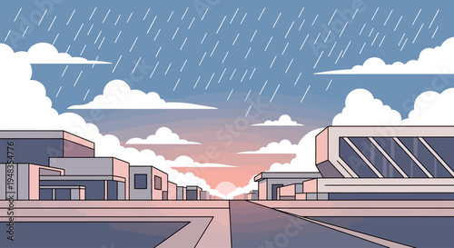 A muted cityscape under a rainy sky with a soft sunset glow