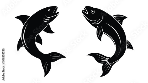 Two black fish swimming in opposite directions on white background