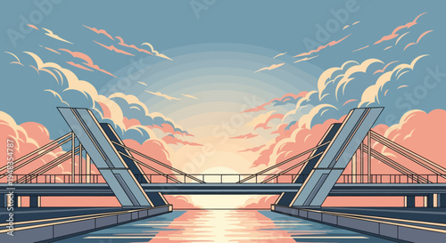 Modern bridge over tranquil water, sunset sky with pink clouds