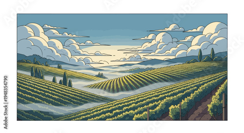 Lush vineyard rows stretch across rolling hills under a cloudy sky