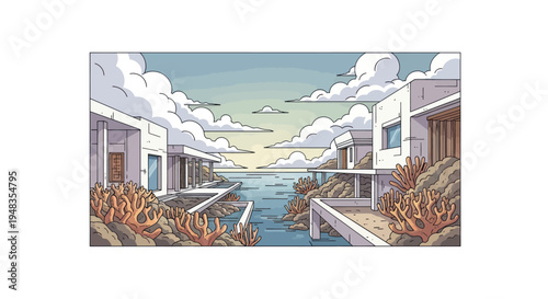 Modern villas border a calm sea under a cloudy sky