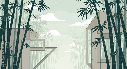 Modern architectural structures emerge from a dense, serene bamboo forest