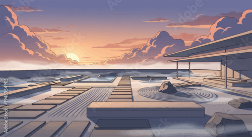Sunset over a tranquil modern zen garden with stone path & calm water