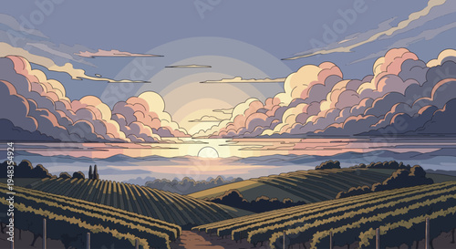 Sunset over rolling vineyard hills with dramatic, colorful clouds