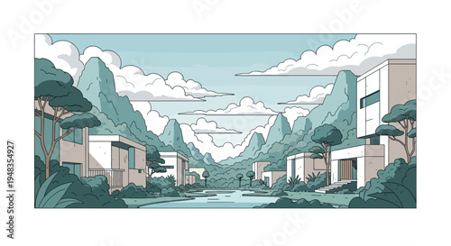 Serene mountain valley with modern homes, a winding river, and fluffy clouds