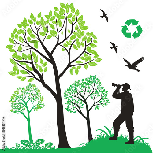 Man with binoculars observing trees and birds in a lush green environment with recycling symbol with a prominent recycling symbol signifies environmental consciousness