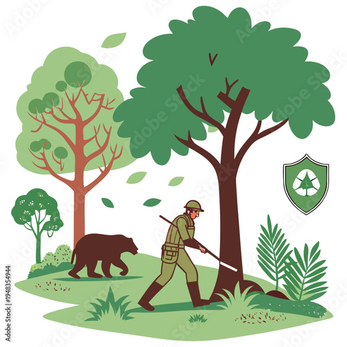Forest ranger checking trees with a bear in the background, symbolizing forest protection and wildlife, includes a shield emblem with a tree symbol, suggesting protection and safety