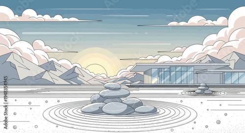 Serene zen garden with stacked rocks and modern architecture against mountain backdrop at sunrise