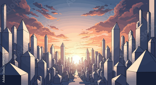 Crystal city skyline at sunset with vibrant clouds