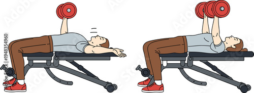 Man doing dumbbell bench press exercise on gym bench with two workout positions isolated on light background vector fitness illustration
