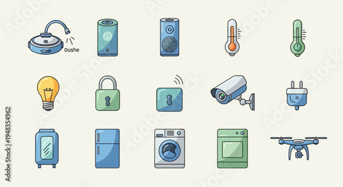 Illustrated icons of smart home devices, including appliances and gadgets