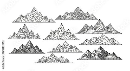 Set of black and white mountain ranges with grid lines on white background various shapes and sizes wireframe style landscape elements